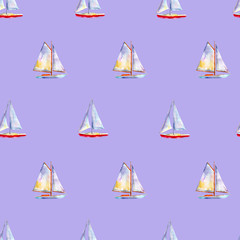 Watercolor seamless pattern with sailboats, bright hand-drawn summer  background.