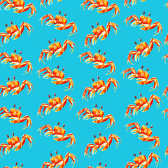 Watercolor seamless pattern with crabs, hand-drawn watercolor background.
