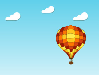 Fototapeta premium Vector illustration of blue sky with clouds and colorful hot air balloon. Cartoon card for invitation