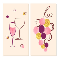 Grapes and wine glasses vector illustration for menu, bar, restaurant, wine list.