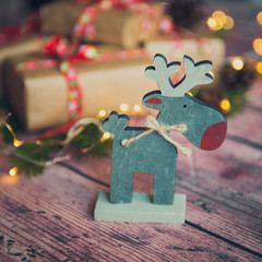 wooden moose, lights, gift box