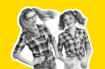Fototapeta na wymiar Young Beautiful Woman Happy Smiling. Fashion Hipster Sisters Best Friends Twins. Collage Magazine Style. Having Fun Crazy. Pretty Girl in fashion Trendy Plaid Shirt. Funny Cool Model Girl in Glasses.