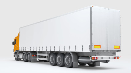 Obraz na płótnie Canvas Logistics concept. Cargo truck transporting goods isolated on white background. Rear view. 3D illustration