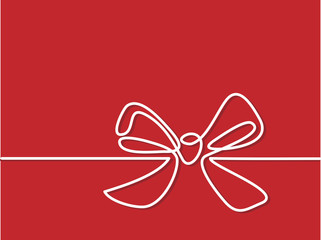 Christmas Holly Decoration Bow-knot on red background. Continuous line drawing. Vector illustration