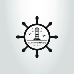 black and white lighthouse logo at the helm
