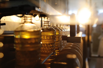 Sunflower oil. Line for the production and bottling of refined oil from sunflower seeds. Conveyor of food industry