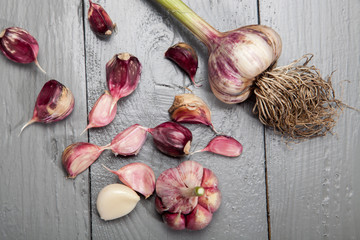 Fresh vegetables, garlic on a gray wooden background.