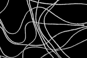 Set, collection white strings isolated on black background texture