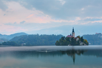 Church on island in Lake Bled , Slovenia