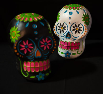 A black and white sugar skull for Dias de la muerte or day of the dead a mexican celebration.