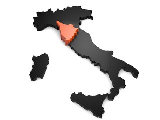 Italy 3d black and orange map, whith Umbria region highlighted 3d render