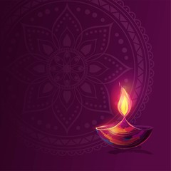 Diwali festival poster. DIwali holiday shiny background with diya lamp and rangoli. Vector illustration