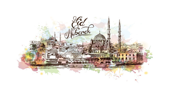 Watercolor sketch of Blue Mosque Istanbul Turkey with Eid Mubarak text in vector illustration.