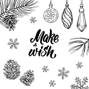 Make a wish! Hand written lettering and hand drawn christmas doodle.
