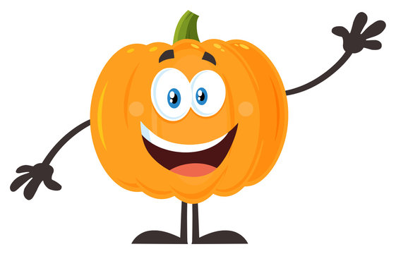 Happy Orange Pumpkin Vegetables Cartoon Emoji Character Waving. Illustration Flat Design Isolated On White Background