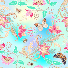 Fototapeta na wymiar Seamless pattern, background with vintage style flowers and anim