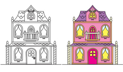 Coloring Pages for Kids. Pretty Pink Doll's House