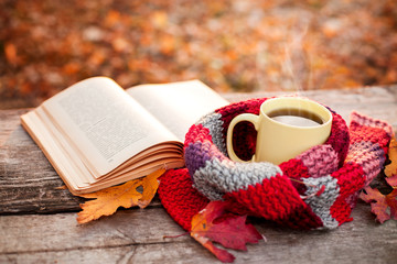 Livre ouvert et tasse à thé jaune avec écharpe chaude