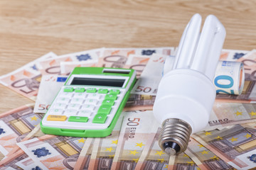Energy saving bulb with calculator, on top of euro banknotes. On wood background.