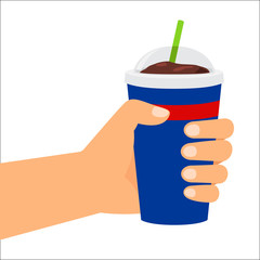 Hand holding plastic cup with cola