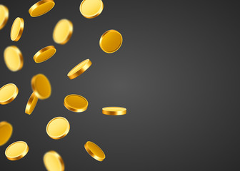 Falling coins, falling money, flying gold coins, golden rain. Jackpot or success concept. Modern background.
