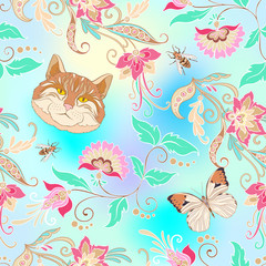 Seamless pattern, background with vintage style flowers and anim