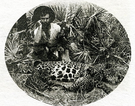 Percy Fawcett (1867- during or after 1925), british explorer who died in the Amazon rainforest in Brazil, with his hunted yaguar 