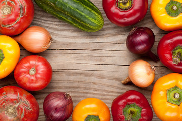 vegetables crop background onions garlic tomatoes, pepper, cucumber. top view