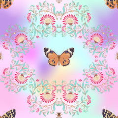 Seamless pattern, background with vintage style flowers and anim