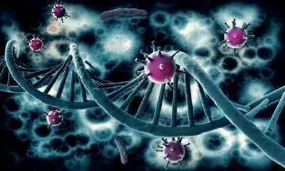 3d render of Dna structure and virus, abstract background