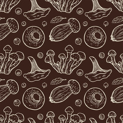 Fototapeta premium Pretty sketched seamless pattern made of hand drawn mushrooms and berries.