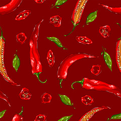 Pretty colorful seamless pattern made of hand drawn chili peppers.