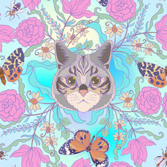 Seamless pattern, background with vintage style flowers and anim