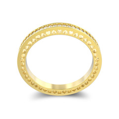 3D illustration yellow gold eternity band ring with diamonds and hearts with shadow