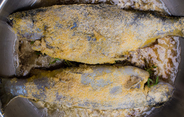 frische, panierte Forellen liegen in einer Pfanne und werden gebraten