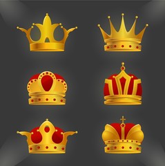 Set of golden crown icons isolated on background. Realistic diadems created by gradient. Shiny jewels collection use for a logo, label, certificate or diploma creation.