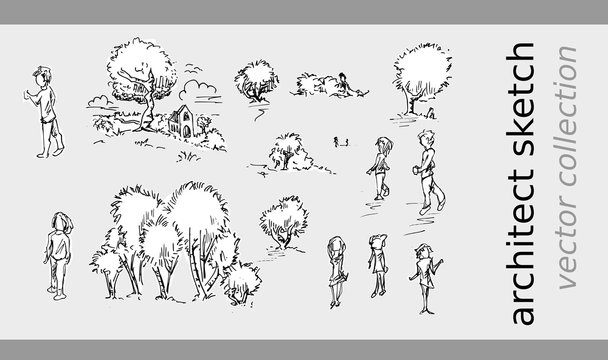 Schets van bomen mensen en dorp