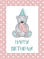 greeting card for birthday child, Teddy bear in hat and number 4
