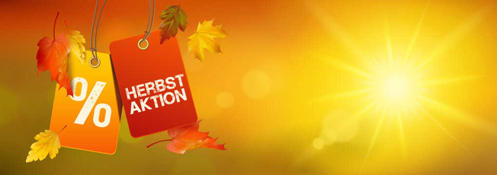 Herbstaktion - H&auml;ngende Etiketten mit Herbstbl&auml;tter und sonniger Bokeh Herbst Kulisse