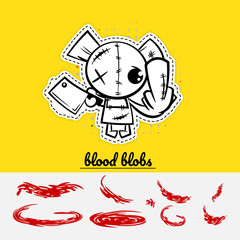 Funny bear monster knife show middle finger set blood. Pop art wow comic book text party. Angry monochrome thread needle sewing voodoo doll. Vector illustration sticker paper.