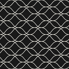 Vector seamless pattern, thin wavy lines. Dark texture of mesh, lace, weaving, smooth lattice. Subtle monochrome geometric background. Design for prints, fabric, package, decor, cloth, digital, web