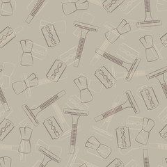 Shaving accessories: machine, blade and brush. Seamless pattern.