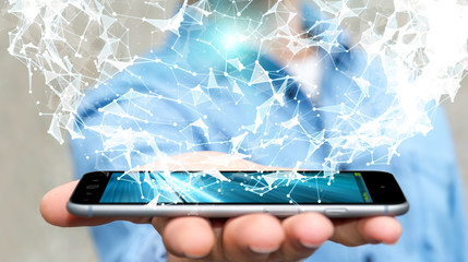 Businessman holding flying network connection 3D rendering