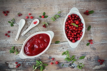 homemade sauce from the forest lingonberry and fresh lingonberry and cowberry leaf