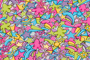 Stars cartoon doodle backdrop design. Cute background concept for party greeting card, decoration, advertisement, banner, flyer, brochure. Hand drawn vector illustration. 