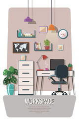 Workspace vector illustration. Creative office interior.