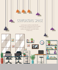Vector illustration of coworking space. Working place, creative office.