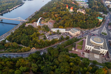 Panoramic view of the city center of Kiev. Aerial view of Arch of Friendship of Peoples, Khreshchaty Park, the main street of the city - Khreshchatyk. Ukraine