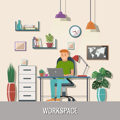 Man vector character working in the  office or home.  Freelance work. Workspace vector illustration.