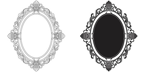 Set of oval vintage border frame engraving with retro ornament pattern in antique baroque style decorative design. Vector